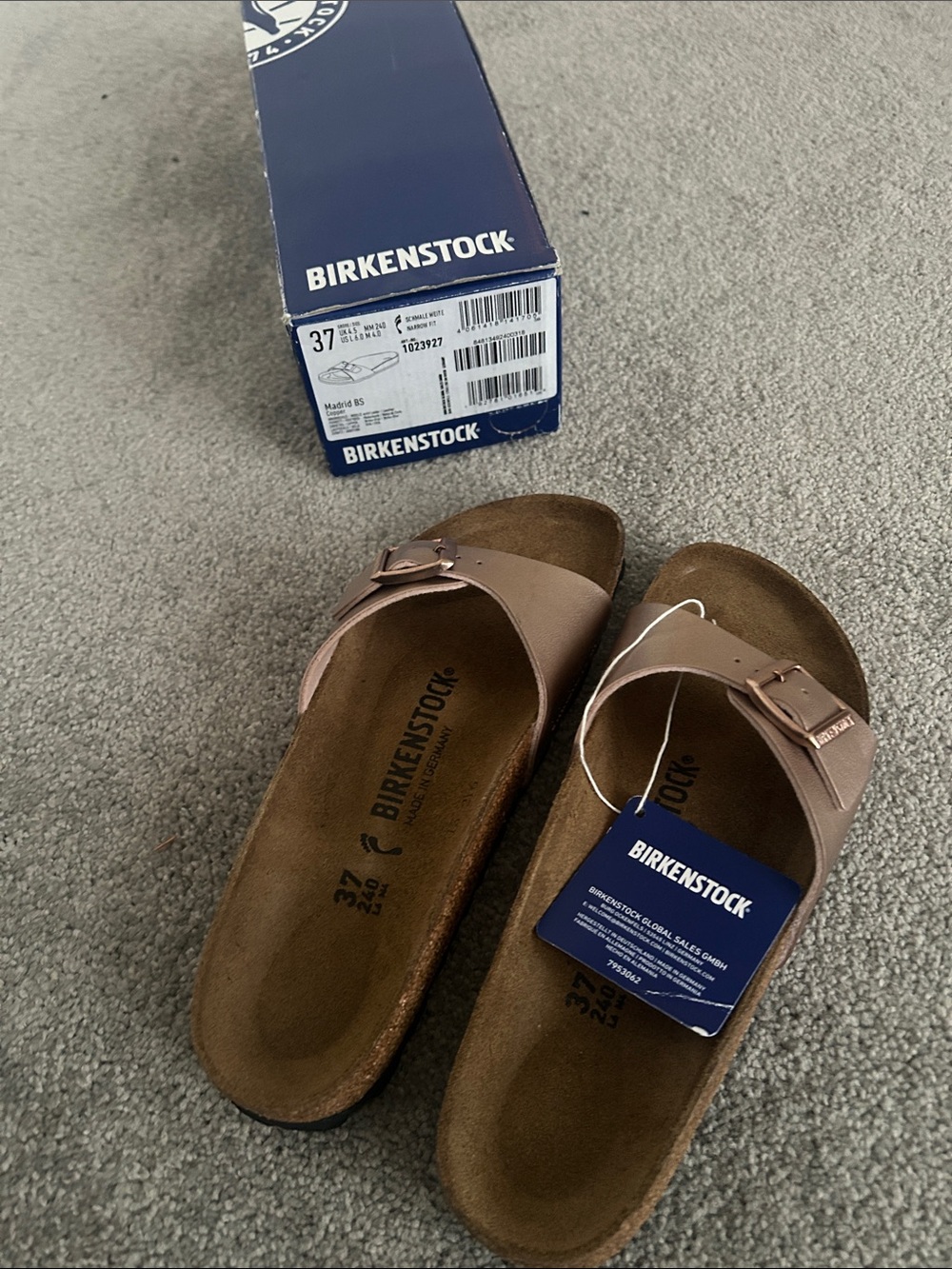 Birkenstock Madrid Leather Slide Sandals in Metallic Copper
